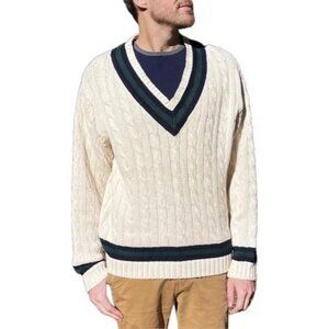 Vintage Brooks Brothers Cricket Cream V Neck Chunky Cable Knit Tennis Sweater XL